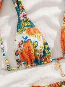 全新柔软印花粗肩带系带可爱派对比基尼套装，夏季海滩时尚女士泳装