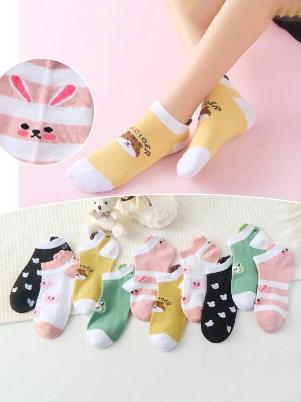 10 Pares Calcetines Tin Corto De Mujer Con Estampado De Dibujos Animados,Suave y Transpirable,Casuales y Lindos Calcetines Invisibles Para Estudiantes