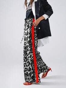 Pantalon casual ample pour femme avec imprimé léopard, blocs de couleurs et patchwork, pour un port quotidien