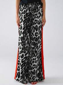 Pantalon casual ample pour femme avec imprimé léopard, blocs de couleurs et patchwork, pour un port quotidien