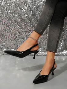 女士纯色亮面皮革高跟凉鞋，新款春夏亮面黑色高跟鞋尖头派对百搭后系带小猫跟正装鞋 - 黑色 - 查看 3