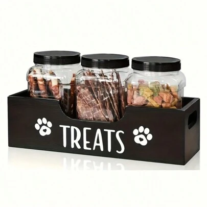 1pc Wooden Pet Treat Holder - Food Storage Container With 3 Airtight Jars For Dog & Cat Food Organization - Durable Farmhouse Style Wood Material With Easy Access Design For Pet Owners