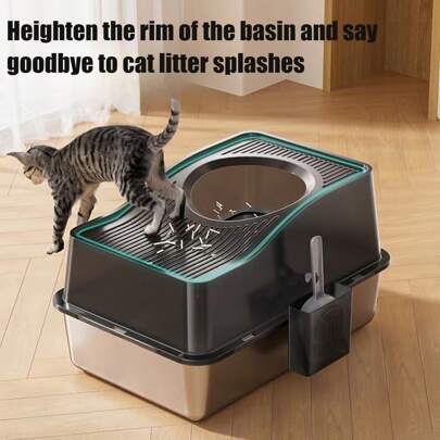 Top Entry Cat Litter Box With Lid, Stainless Steel Extra Large Enclosed Cat Kitty Litter Pan Easy Cleaning, Never Absorbs Odor, Stains, Or Rusts, XL Metal High Litter Pan Tray