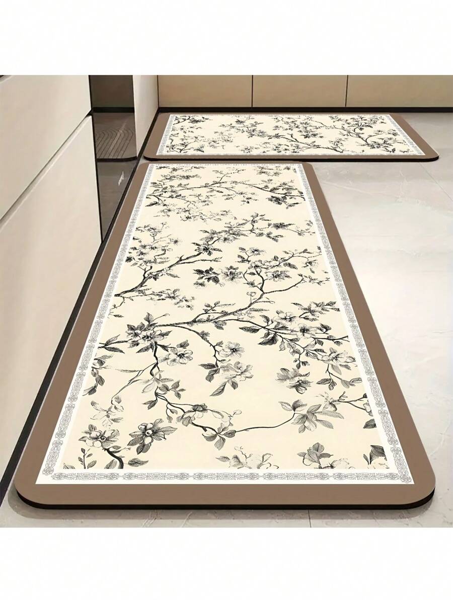 1pc Classical Floral Print Kitchen Mat, Silica Gel Rectangle Absorbent Quick-Dry Non-Slip Floor Rug For Bathroom, Toilet, Kitchen, Hallway, Home Decor, Suitable For Christmas, Thanksgiving, Valentine's Day, Mother's Day And Daily Use, Chinese Style
