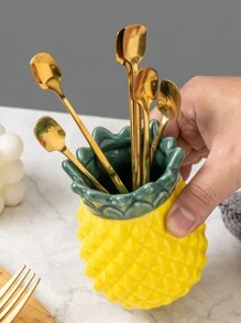 1pc Ceramic Pineapple Shaped Utensil Holder - Chopstick Holder, 4 Forks 4 Spoons Options, Multipurpose For Kitchen Cutlery, Portable Storage Organizer, Elegant Countertop Storage Organizer For Dining Room And Home - Yellow - View 6