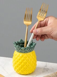 1pc Ceramic Pineapple Shaped Utensil Holder - Chopstick Holder, 4 Forks 4 Spoons Options, Multipurpose For Kitchen Cutlery, Portable Storage Organizer, Elegant Countertop Storage Organizer For Dining Room And Home - Yellow - View 3