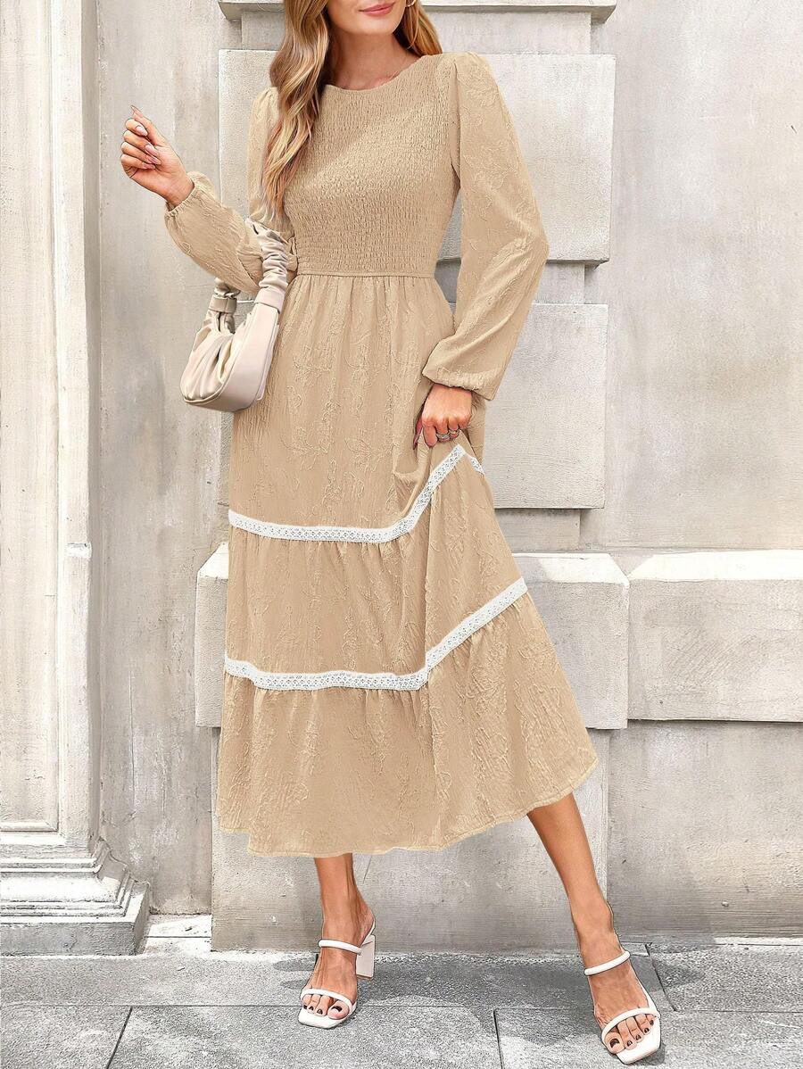 Ladies Spring MIDI Elegant Floral Long Sleeve Ruffled Bohemian Style Wedding New Year's Party Long Flowing Dress - Apricot - View 1