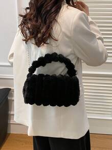 柔软毛绒人造毛皮女士手提包，可手提或肩背，链条设计，毛茸茸的枕头水桶包，轻便适合度假、购物和日常使用，秋冬季