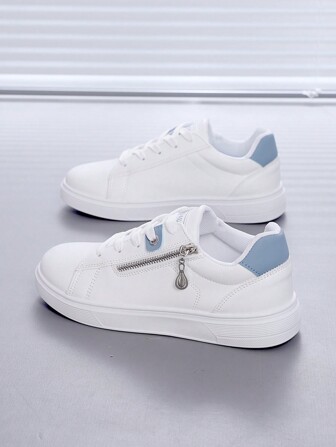女士百搭平底白色运动鞋时尚拉链装饰休闲乐福鞋