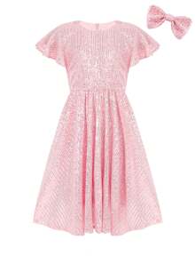 EXARUS Girls Sequin Dress Sleeveless Sparkly Special Occasion Kids Party Sequence Sparkle Dress Birthday - 18粉紅色 - 查看 1