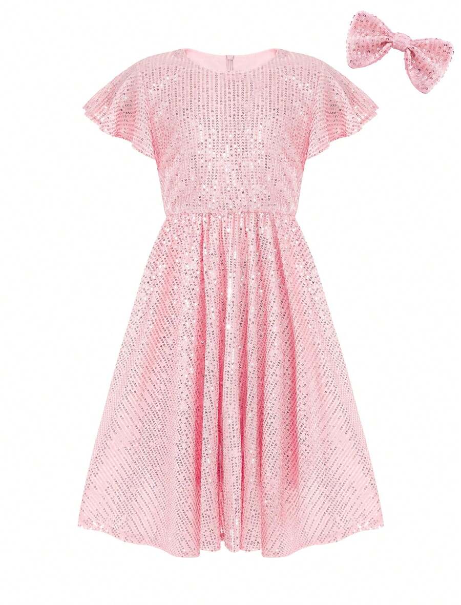 EXARUS Girls Sequin Dress Sleeveless Sparkly Special Occasion Kids Party Sequence Sparkle Dress Birthday - 18粉紅色 - 查看 1