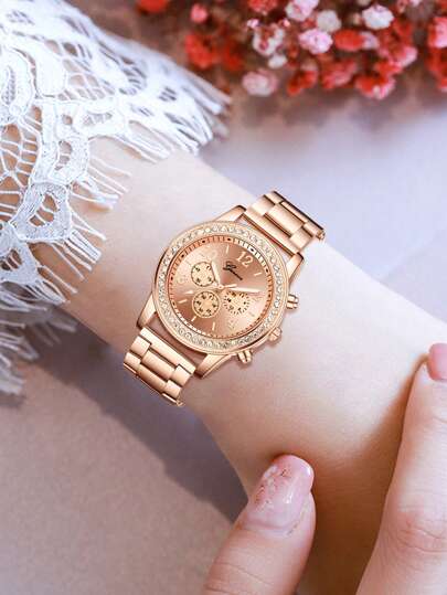 Lady's Rose Goud Stainless Steel Strap Leisure Classic Arabic Numeral Scale Dial Quartz Horloge Bracelet Jewelry Set Wear ation Giving To Friends Or Current Holiday view 5