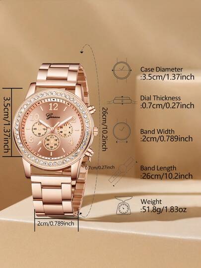 Lady's Rose Goud Stainless Steel Strap Leisure Classic Arabic Numeral Scale Dial Quartz Horloge Bracelet Jewelry Set Wear ation Giving To Friends Or Current Holiday view 6