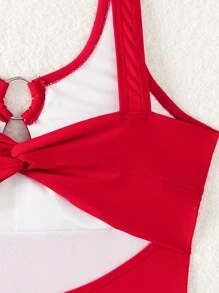 Tween Girl Bright Red One-Piece Swimsuit, Vacation/Beach - Red - View 5
