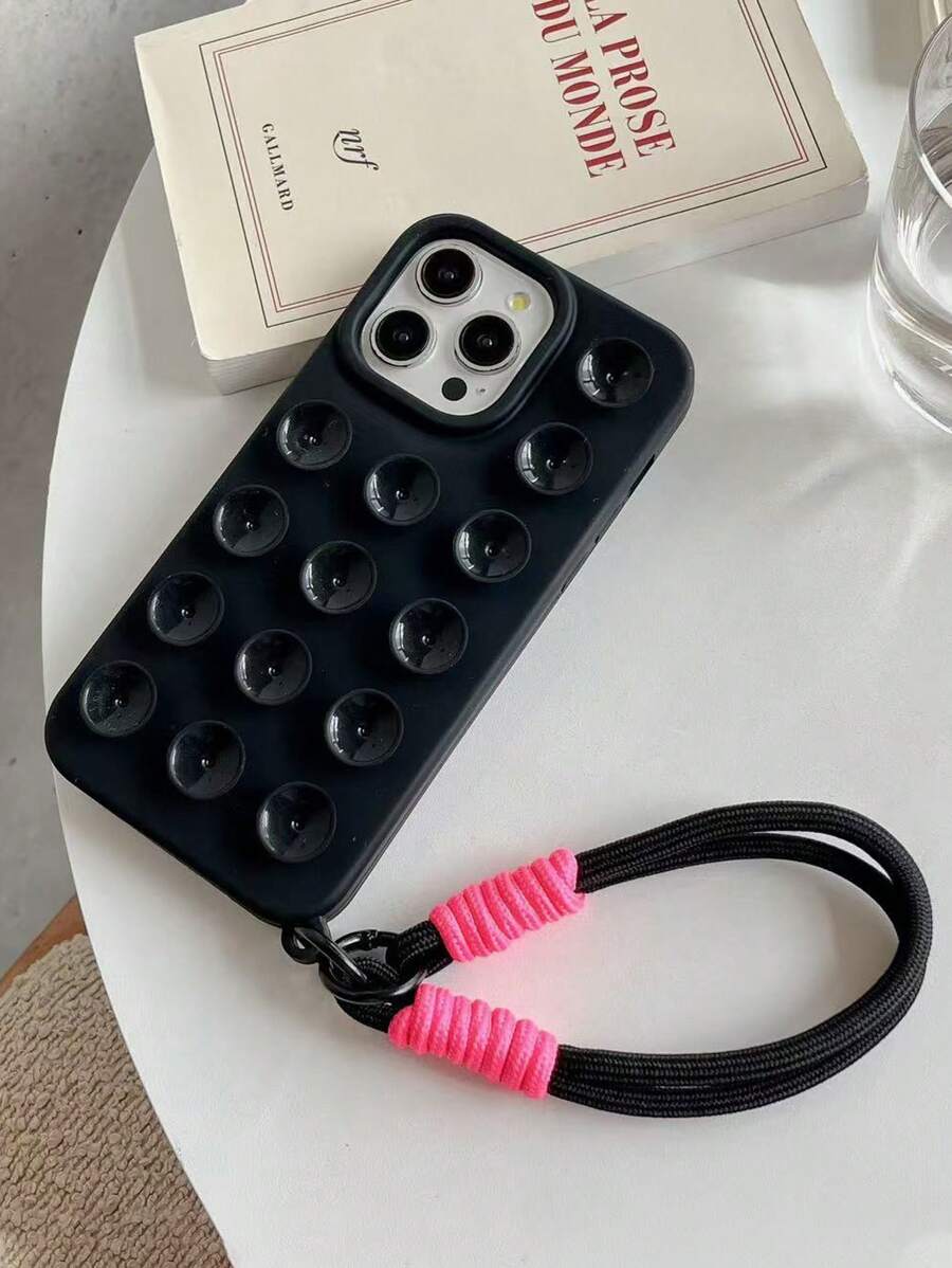 Casing Ponsel Silikon Multifungsi Peredam Guncangan Model Hisap Warna Pink Hitam dengan Tali Gantungan, Kompatibel dengan iPhone 16/16E/12/13/14 Pro Max Series, Hadiah Ulang Tahun, Pesta, Perayaan