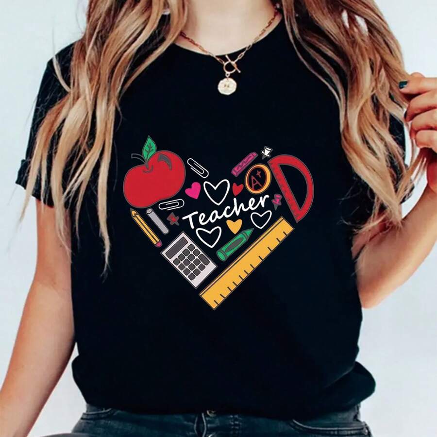 Teacher Graphic Print Solid Color T-Shirt, Round Neck, Short Sleeve Casual Top For Summer And Spring, Women's Clothing - Black - View 1