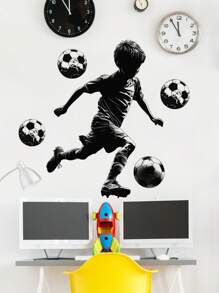 1pc Black-White Football Player Mural Sticker, Self-Adhesive Removable Wall Decor For Living Room, Suitable For Cartoon Bedroom, Kids Room Decoration Stickers Personalised Stickers