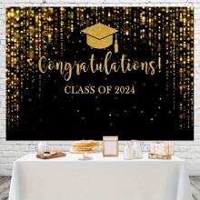 2024 Graduates Background Cloth Black Gold Sparkling Waves Graduation Party Background 2024 Congratulations Graduates Dance Party Cake Table Decoration Photo Booth Props - Multicolor - View 4