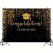 2024 Graduates Background Cloth Black Gold Sparkling Waves Graduation Party Background 2024 Congratulations Graduates Dance Party Cake Table Decoration Photo Booth Props - Multicolor - View 5