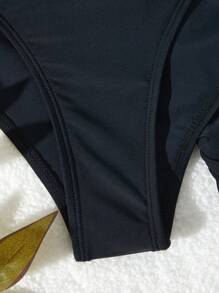 2025 Summer Black Metal Decor Beach Bikini Set, 3pcs Vacation - Black - View 3