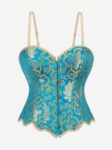 Áo corset dây mảnh có thể điều chỉnh, thân áo định hình ngực có xương, thêu và in, cài nút phía trước, vừa vặn - Màu xanh lam - Xem 1