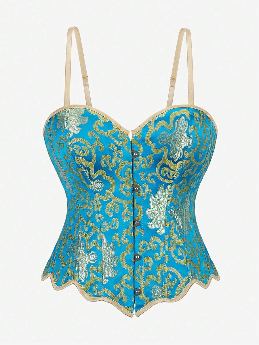 Áo corset dây mảnh có thể điều chỉnh, thân áo định hình ngực có xương, thêu và in, cài nút phía trước, vừa vặn - Màu xanh lam - Xem 1