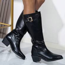 Women's Thick Heel Pointed Toe Black Leather Buckle Decor High Shaft Thermal Lined Slip-On Riding Boots With High Heels, Suitable For Social/Work Occasions, Autumn/Winter - Black - View 3