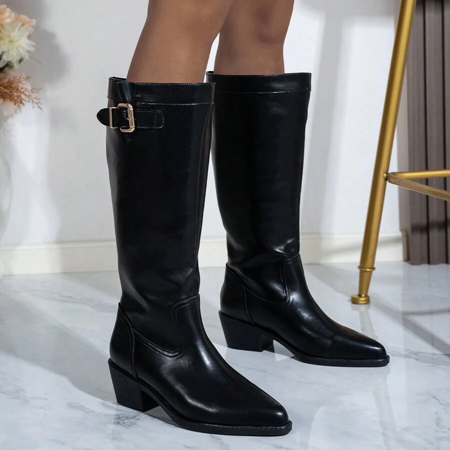 Women's Thick Heel Pointed Toe Black Leather Buckle Decor High Shaft Thermal Lined Slip-On Riding Boots With High Heels, Suitable For Social/Work Occasions, Autumn/Winter