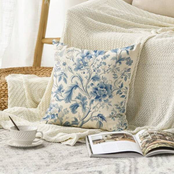 1PC Blue Floral Pillowcase - Chinese Embroidered Flower Tree Cushion Cover, Indoor/Outdoor Sofa Farmhouse Decoration, Single Side Without Pillow Core