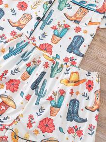Set de 2 piezas de pijama con estampado de vaquero para mujer, que incluye camisa de manga corta con cuello y botones y pantalones cortos sueltos con elástico, ropa de dormir para fiestas, uso casual en interior o exterior, para todas las estaciones, conjunto de dos piezas