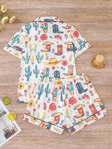 Set de 2 piezas de pijama con estampado de vaquero para mujer, que incluye camisa de manga corta con cuello y botones y pantalones cortos sueltos con elástico, ropa de dormir para fiestas, uso casual en interior o exterior, para todas las estaciones, conjunto de dos piezas
