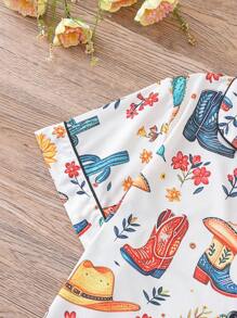 Set de 2 piezas de pijama con estampado de vaquero para mujer, que incluye camisa de manga corta con cuello y botones y pantalones cortos sueltos con elástico, ropa de dormir para fiestas, uso casual en interior o exterior, para todas las estaciones, conjunto de dos piezas