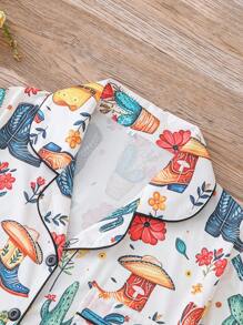 Set de 2 piezas de pijama con estampado de vaquero para mujer, que incluye camisa de manga corta con cuello y botones y pantalones cortos sueltos con elástico, ropa de dormir para fiestas, uso casual en interior o exterior, para todas las estaciones, conjunto de dos piezas