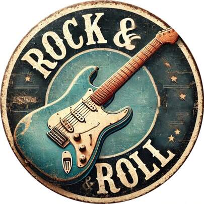 8x8 Inch Round Metal Tin Sign With Rock Guitar Theme, Suitable For Home And Office Decor, Ideal For Living Room, Bar, Cafe - Single Piece With Pre-Drilled Hole, Random Hole Style