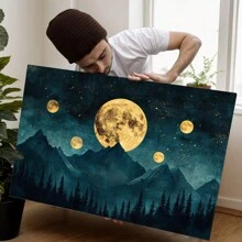 Night Sky Stars, Vintage Cloudy Landscape, Celestial Moon Canvas, Living Room And Office Wall Art
