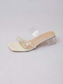 Plus Size Women's Square Toe Ankle Strap Sandals, Chunky Wedge Heel, White Transparent Pearl Decor, Comfortable And Non-Slip For Party, Beach And Home/Outdoor Wear Valentines