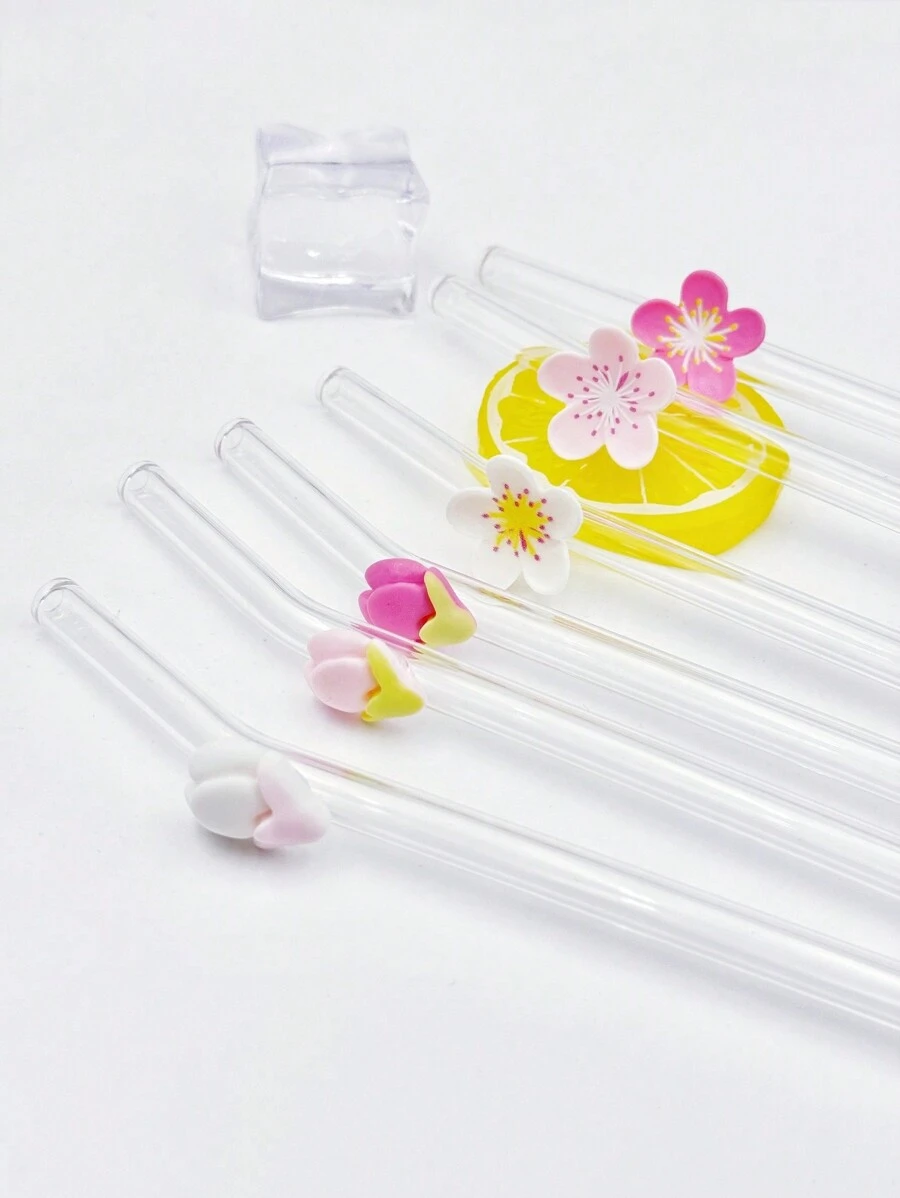 1 件/6 件花朵装饰玻璃吸管，适合饮用果汁、奶茶、咖啡、冷饮，弯曲吸管设计，学校用品，返校，送给女朋友、男朋友、父母、朋友的礼物