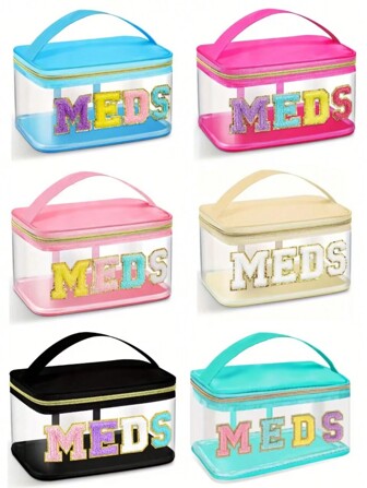 Large Capacity Multi-Functional Waterproof Travel Toiletry Pouch Makeup Bag, MEDS Letter Printed Geetery Chenille Nylon Preppy Patch Makeup Bag With Zipper Cosmetic Storage Case For Women (Black, Country Meds) Makeup Travel Toiletry Organizer Clear Essentials Gifts Storage Zipper Accessories Nail