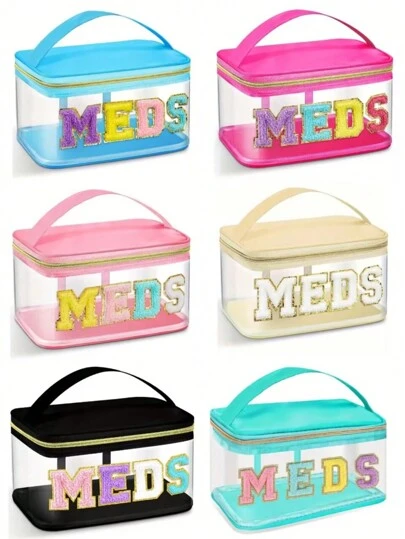 Bolsa de aseo de viaje multifuncional de gran capacidad y resistente al agua, bolsa de maquillaje con estampado de letras MEDS en chenilla de nailon estilo preppy con cremallera y estuche de almacenamiento de cosméticos (Negro, Country Meds) Organizador de viaje de aseo y maquillaje, estuche de almacenamiento con cremallera para accesorios esenciales, bolsa de maquillaje, almacenamiento, organizador de maquillaje, bolsa de cosméticos, bolsa de maquillaje, bolsa de cosméticos, gran capacidad, bolsa de maquillaje grande, regalos de Navidad, bolsa/bolso pequeño, organizador de maquillaje, mini bolsa, bolsa de gran capacidad, regalos de Navidad, bolsa, bolsa de maquillaje