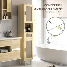 HOMCOM Meuble salle de bain, colonne rangement salle de bain, avec portes en rotin, étagère ouverte, tiroir, 2 placards, 32 x 30 x 170 cm, effet bois de chêne - Kaki - Voir 9