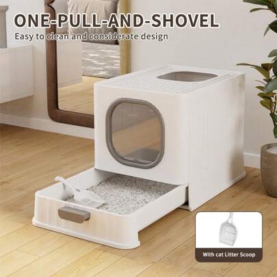 Yealeo Katzentoilette Ausziehwanne, Katzentoilette mit Haube, ausziehbare Schale, Schaufel, geräumig für große Katzen, max. Belastung 15 kg