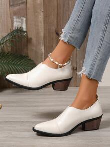 Plus Size Women's Retro English Style Elastic Slip-On Black High Heel Pumps With Pointed Toe, Versatile Thick Heel Shoes For Spring And Autumn,Elegant,Loafers - Beige - View 4