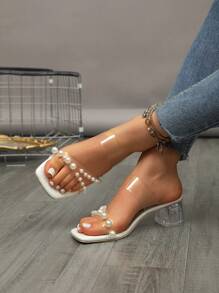 Plus Size Women's Square Toe Ankle Strap Sandals, Chunky Wedge Heel, White Transparent Pearl Decor, Comfortable And Non-Slip For Party, Beach And Home/Outdoor Wear Valentines