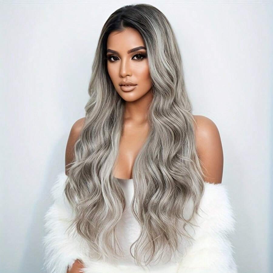Elegant Ombre Gray Body Wave Lace Front Wig With Dark Roots High Density Heat Resistant Synthetic Hair For Women - 灰色漸層色 - 查看 1