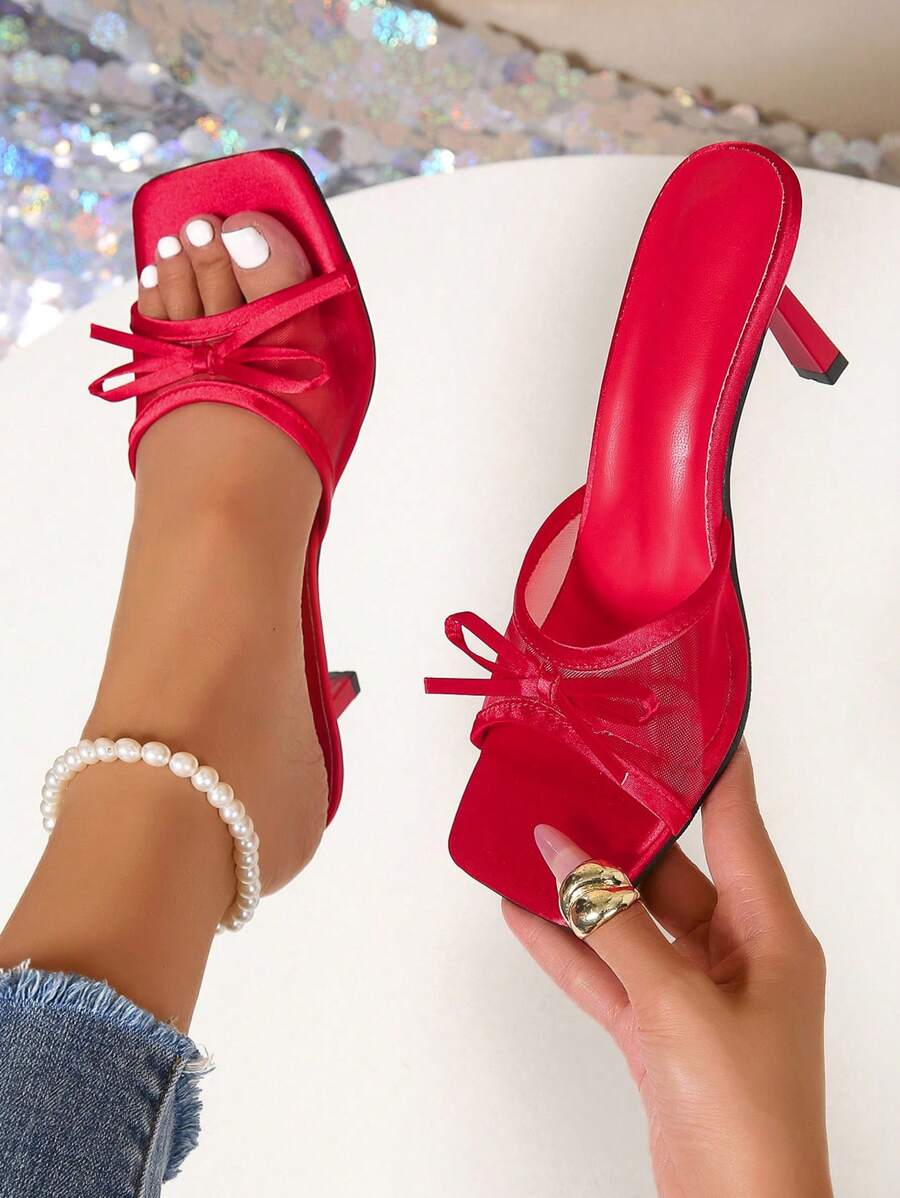 Red New Arrival Square Toe Mesh Breathable Open Toe High Heel Sandals, Versatile Minimalist Stiletto Heels Shoes For Women