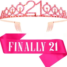 2 件套女士生日腰带和头饰，包括生日皇冠、10 岁、13 岁、16 岁、18 岁、21 岁腰带丝带、精美蜡烛和蛋糕装饰，生日女士礼物，生日快乐派对礼品，粉色