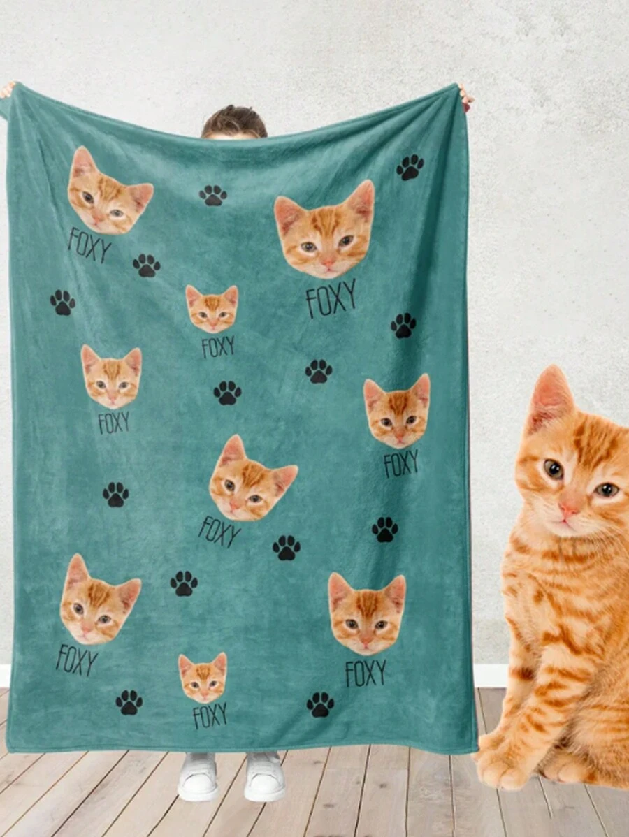 1pc Customized Face/Name Blanket , Personalized Face/Name Blanket For Christmas Gifts , Personalized Christmas Bedding Blanket, Dinosaur Background Blanket, Blanket Use For Bedding/Sofa/Indoor/Outdoor, Friend Gift, Family Gift, Birthday Gifts, Gift For Friend, Gift For Her,Gift For Girlfriend, Gift For Boy, Catdad, Cutie, Picture Blankets Customized - Style 1 - View 1