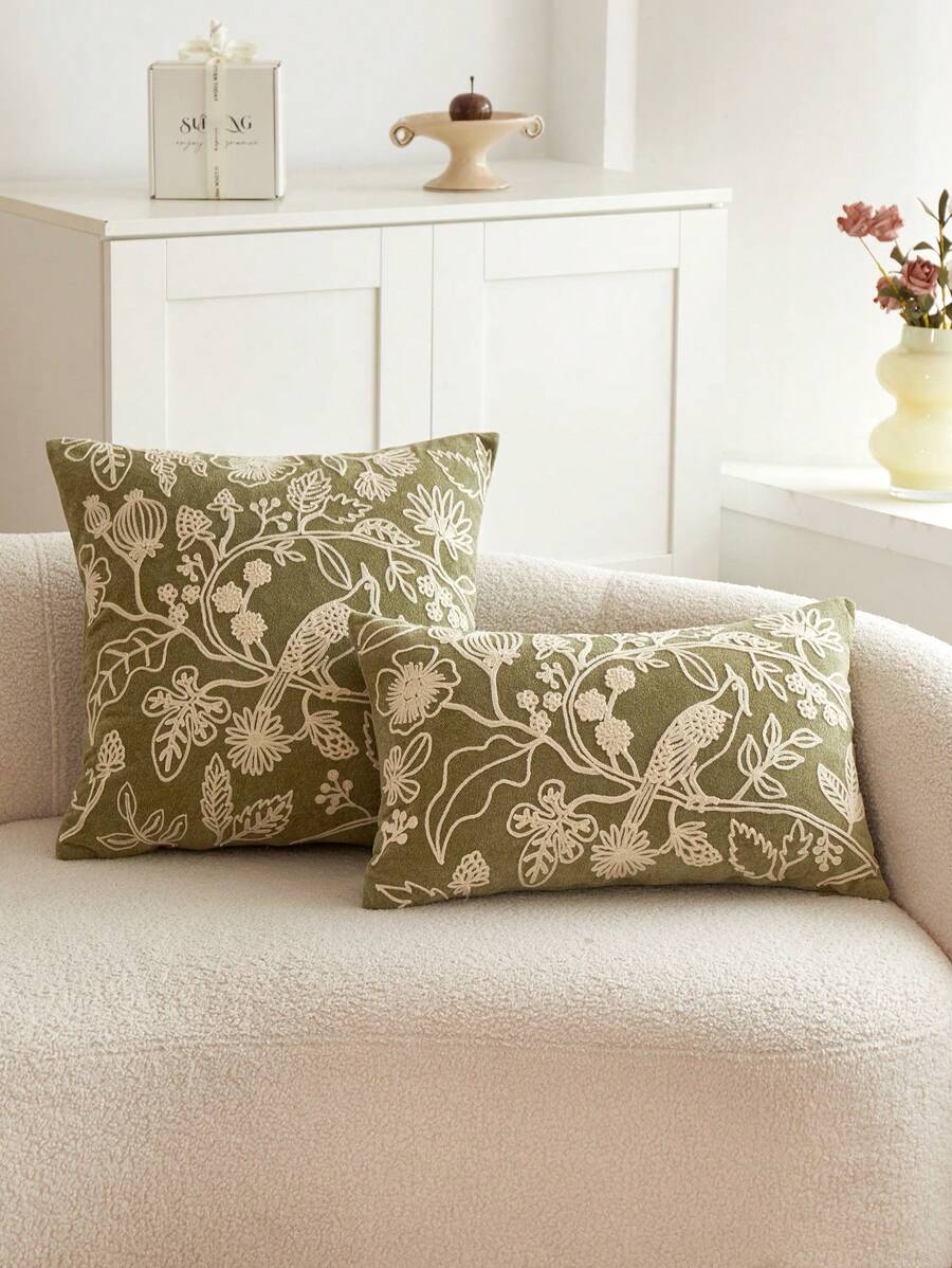 1 Vỏ gối nhung thêu hoa và chim, thích hợp trang trí trong nhà, 4 mùa, không bao gồm ruột gối