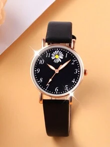 6 件/套女孩黑色 PU 皮革表带时尚休闲石英表，带数字表盘、花项链、手链、耳环和戒指，适合日常佩戴和赠送给朋友或女朋友 - 黑色 - 查看 4