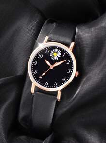 6 件/套女孩黑色 PU 皮革表带时尚休闲石英表，带数字表盘、花项链、手链、耳环和戒指，适合日常佩戴和赠送给朋友或女朋友 - 黑色 - 查看 3